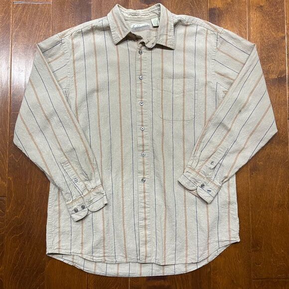 Fieldmaster Vintage Outdoors Linen Blend Button Front Shirt Tan Blue Men's LT - Picture 3 of 8